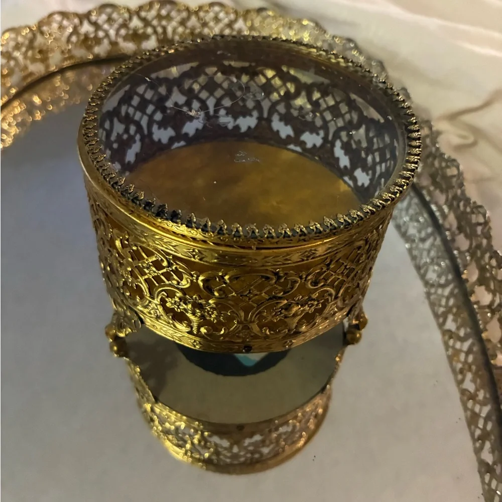 Vtg Gold Metal & Glass Footed Jewelry Box Hinged vanity W Smaller Box & Mirror